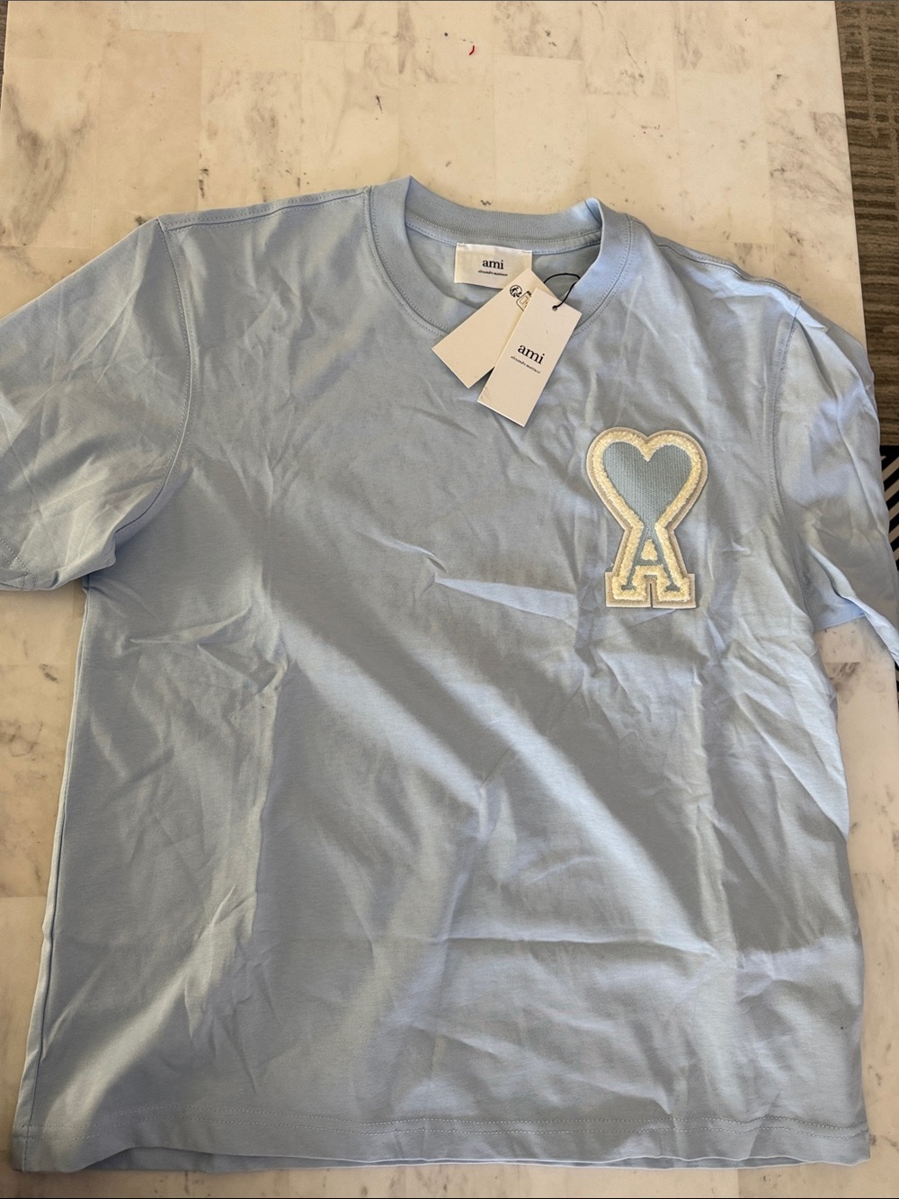 Ami Light Blue Heart A Logo Short Sleeve Tee
